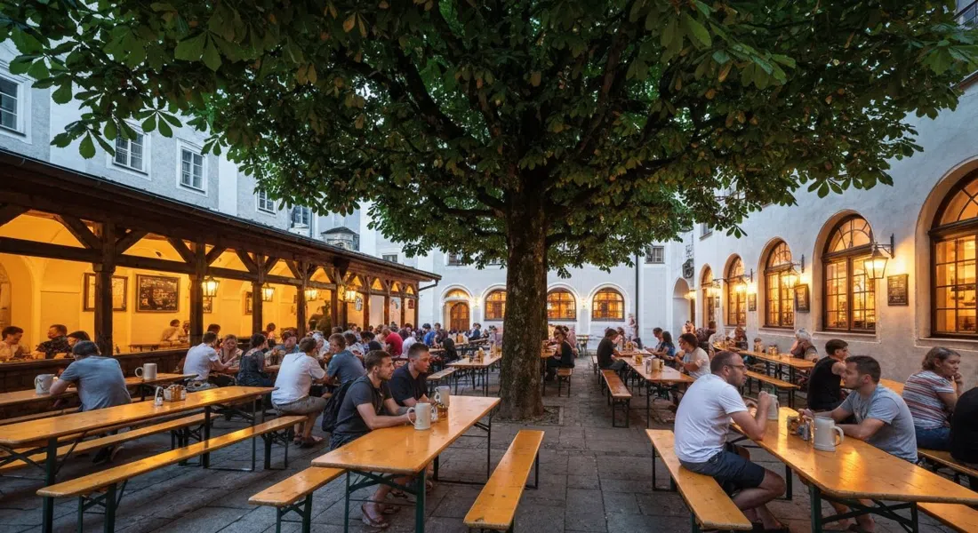 the Augustiner Bräu Kloster Mülln beer garden at dusk, chestnut trees overhead, long wooden tables, stoneware steins and warm light from the halls