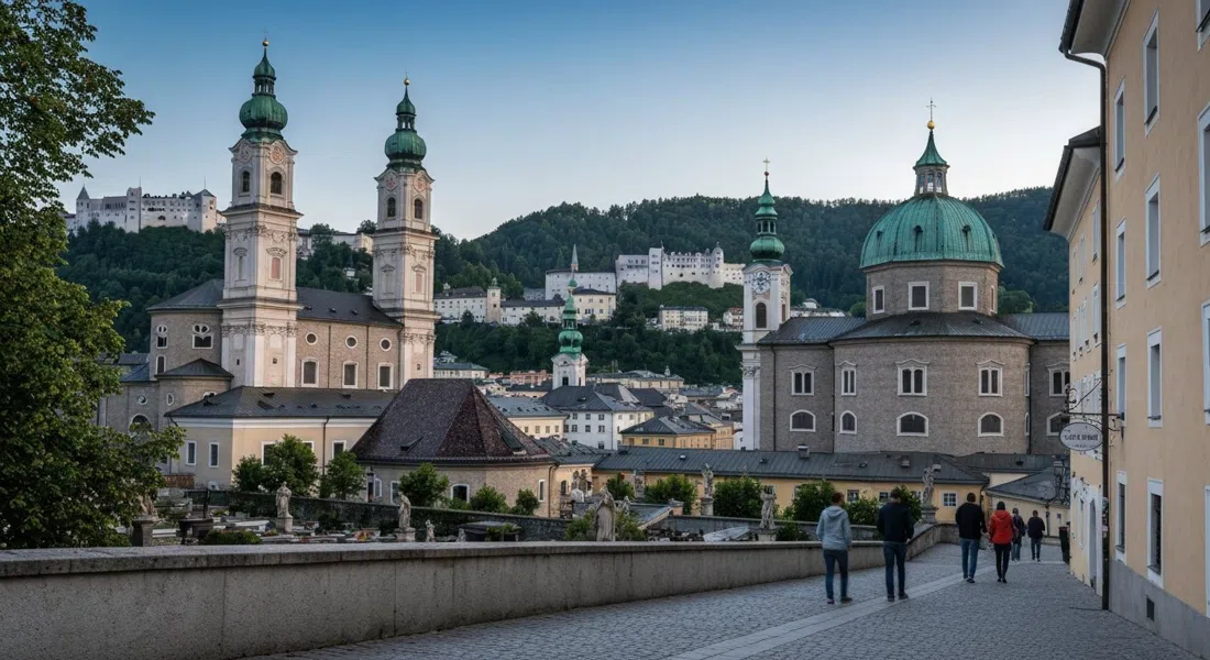 the Müllner Kirche on its rise at late afternoon, onion dome above the terrace cemetery, with Hohensalzburg visible across the Old Town