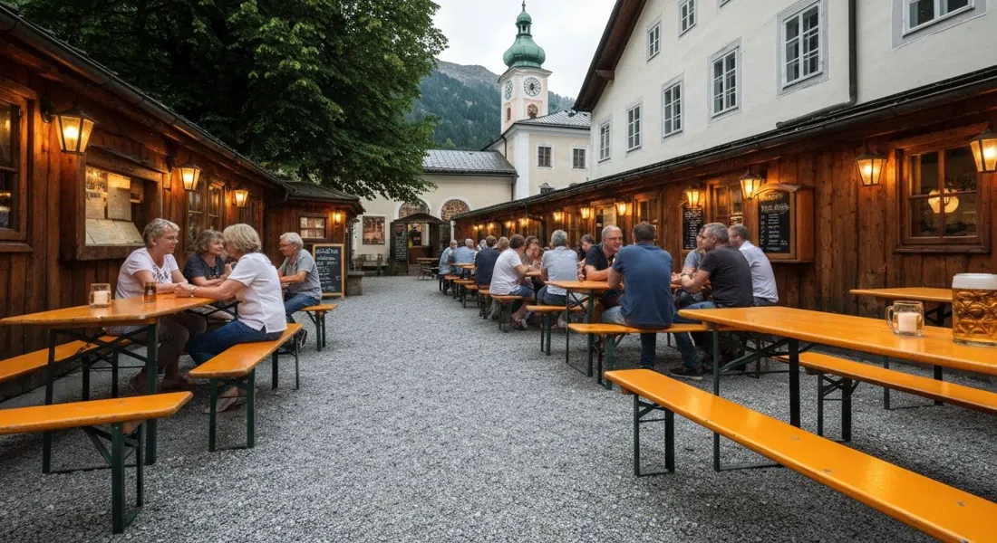 the lantern-lit chestnut beer garden at Augustiner Braugasthof Krimpelstätter, gravel underfoot, long tables and a fresh stein of Märzen on the table