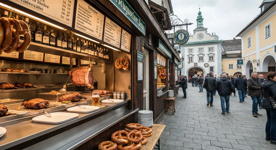 the Schmankerlgang food stalls inside Augustiner Bräu, with roast Stelze, pretzels, Leberkäse and trays ready beside the beer hall