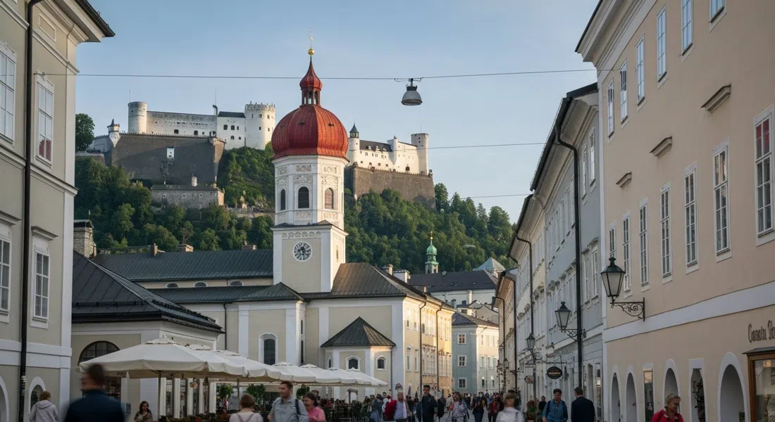 Nonnberg Abbey’s red onion dome rising above Nonntal roofs at soft morning light, the fortress hillside behind it