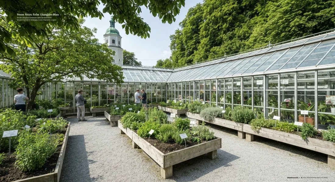 the free weekday Botanical Garden on Hellbrunner Allee, herb beds and the orchid glasshouse in clear afternoon light