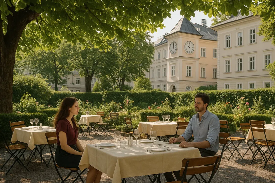 the chestnut-shaded garden at Merkel & Merkel in Neutorstraße 31, villa dining tables set in summer light with a quiet residential backdrop