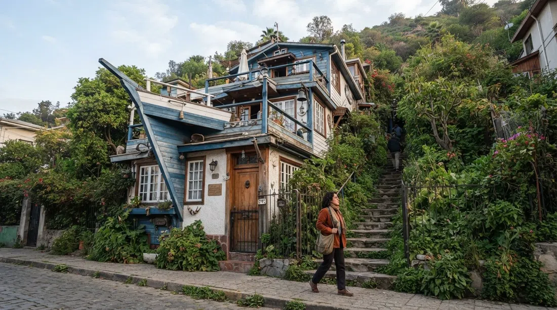 La Chascona’s ship-shaped facade on Fernando Márquez de la Plata 0192, seen from the street with hillside steps and leafy surroundings in soft morning light