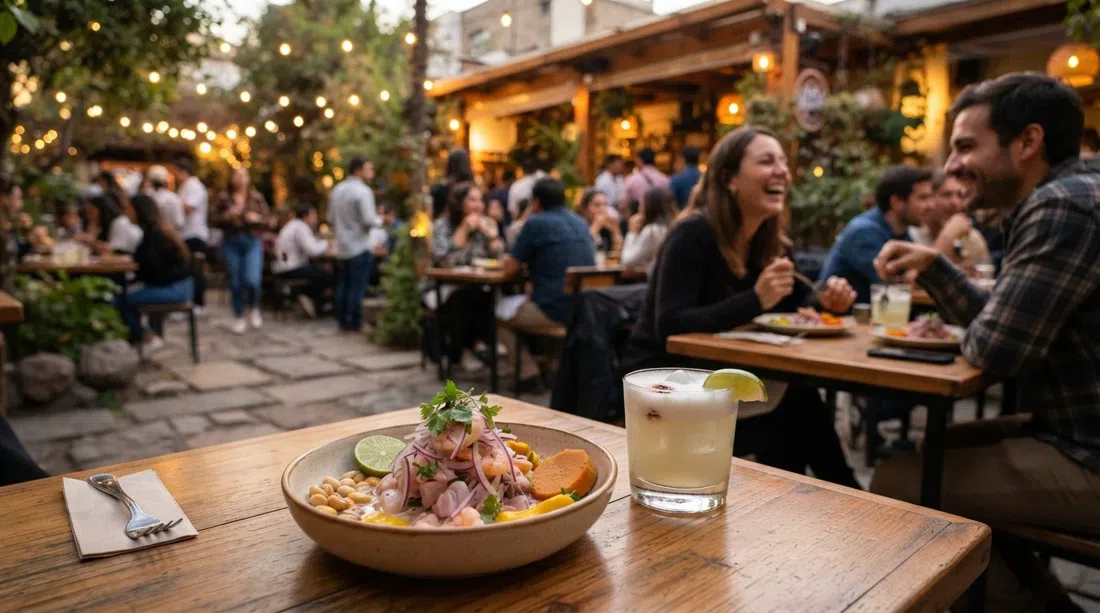 a ceviche and pisco sour at Barandiarán inside Patio Bellavista, bright citrus, glassware and the courtyard’s warm evening glow in frame