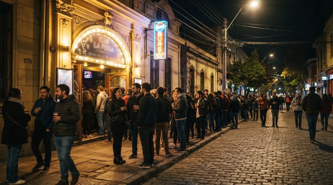 Club La Feria at Constitución 275 at night, the converted-theatre entrance glowing while people queue under streetlights before an electronic set