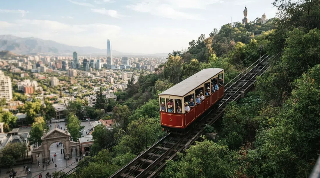 the Cerro San Cristóbal funicular climbing from Plaza Caupolicán above Pío Nono, heritage carriages rising toward the summit with Santiago below