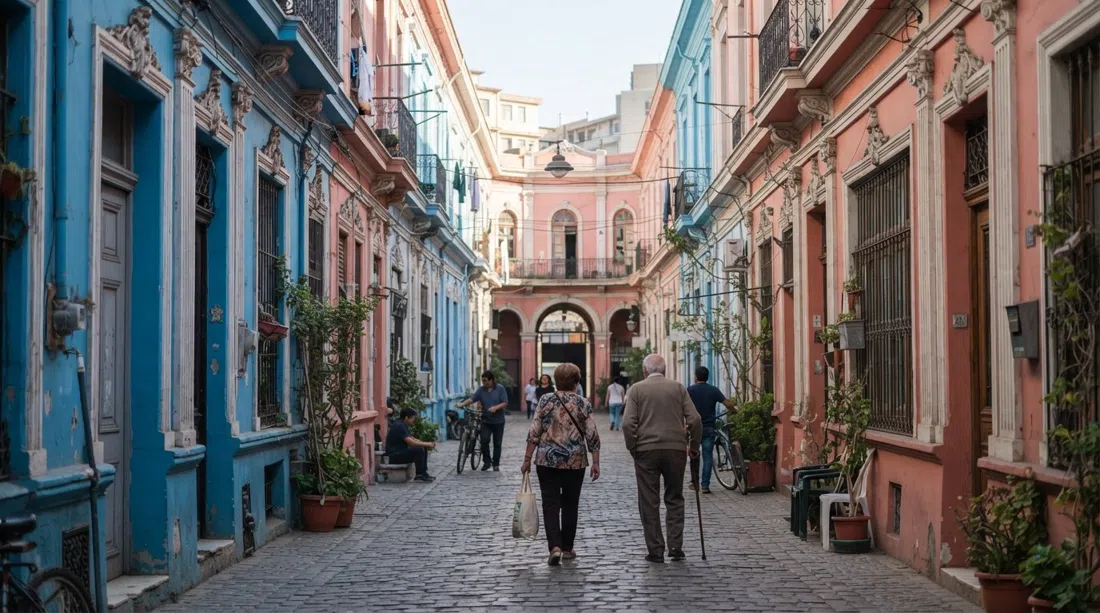 Pasaje Adriana Cousiño in Barrio Yungay, cerulean blue and salmon pink Belle Époque facades lining a narrow communal passage in soft daylight