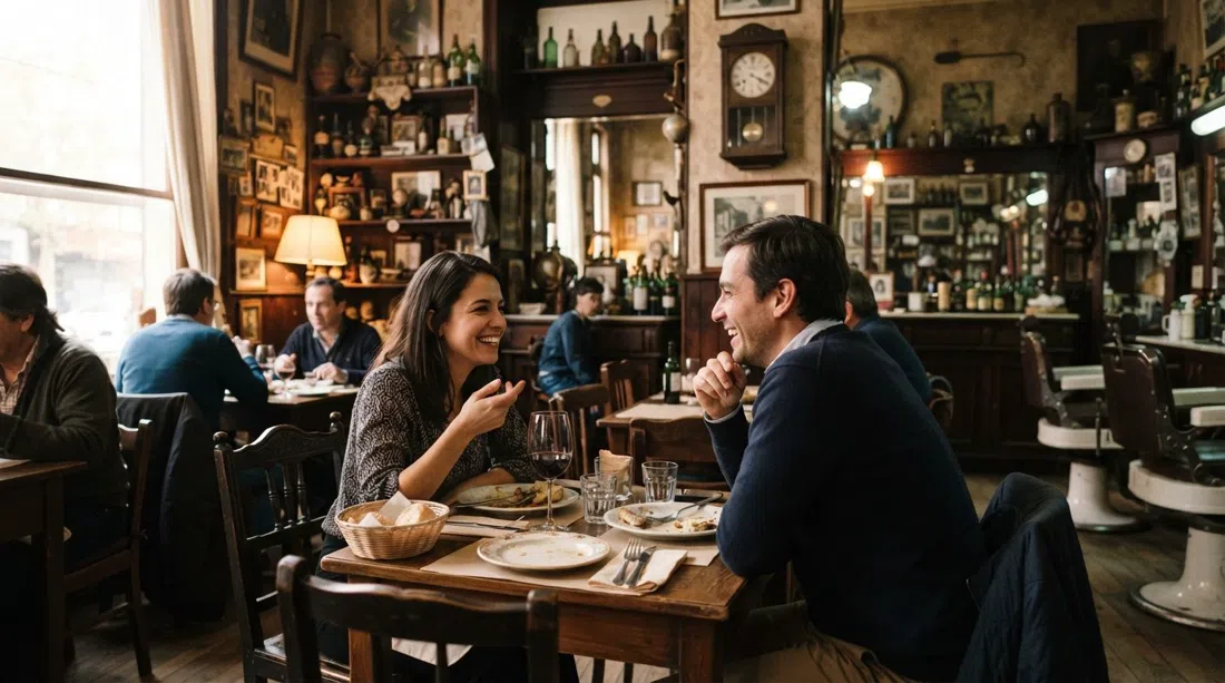 Peluquería Francesa in Barrio Yungay, an antiques-filled dining room with vintage barbershop details, warm lamps and a French-Chilean table setting