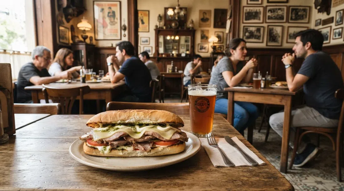 Fuente Mardoqueo in Barrio Yungay, a generous Lomito Bávaro sandwich on the table beside a cold craft beer in a casual, museum-like dining room