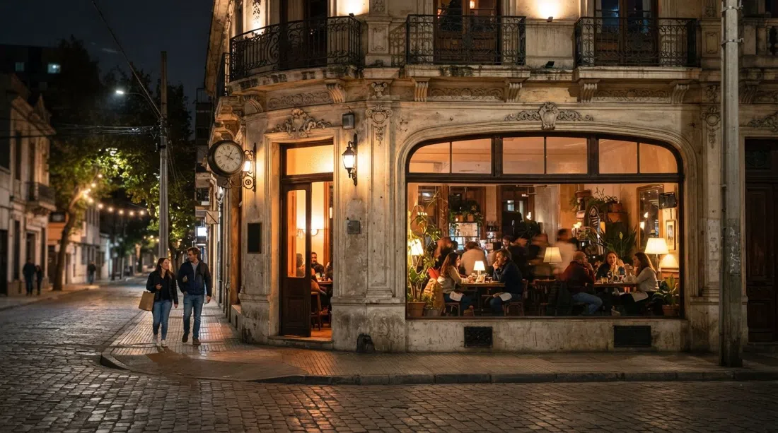 Peluquería Francesa at night in Barrio Yungay, warm light glowing from the historic facade and bar windows on a quiet Santiago street