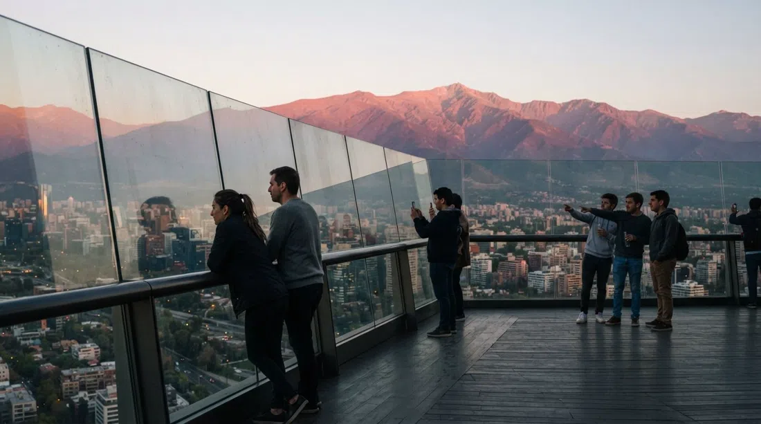 Sky Costanera observation deck high above Santiago, the Andes glowing pink at sunset beyond the glass railing