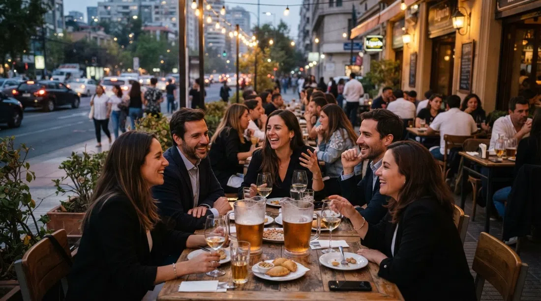 a busy Liguria terrace at dusk on Avenida Providencia, glasses, jarras and colleagues talking over the last light