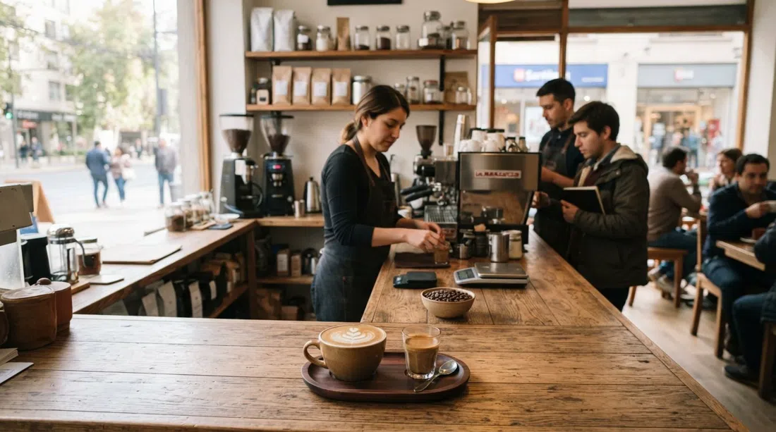 a flat white and single-origin espresso at Café Altura on Manuel Montt, roasted beans and a bright café counter in morning light