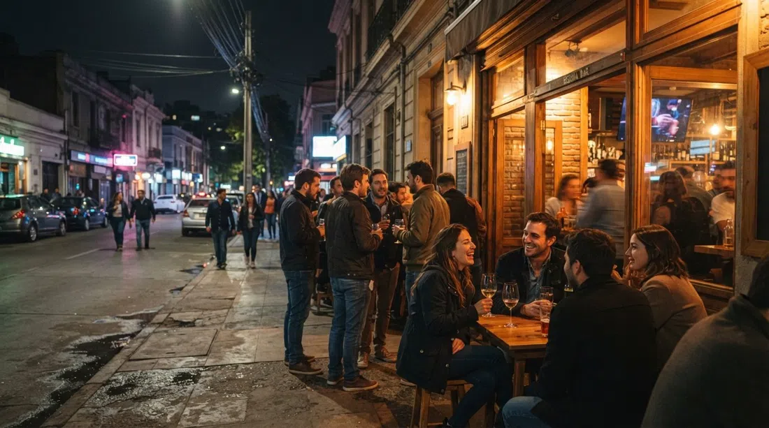 the Manuel Montt bar strip at night, warm windows at Begoña Bar and people on the sidewalk after work