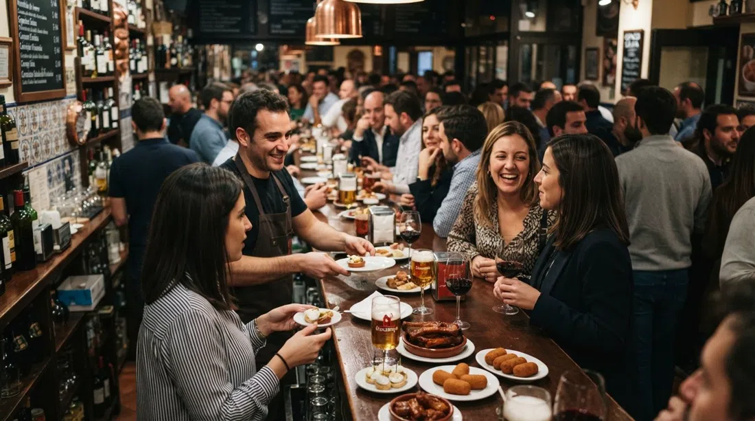 the bar counter at Espacio Eslava on Calle Eslava, with tapas plates, a busy evening queue and the warm glow of a packed modern Seville bar
