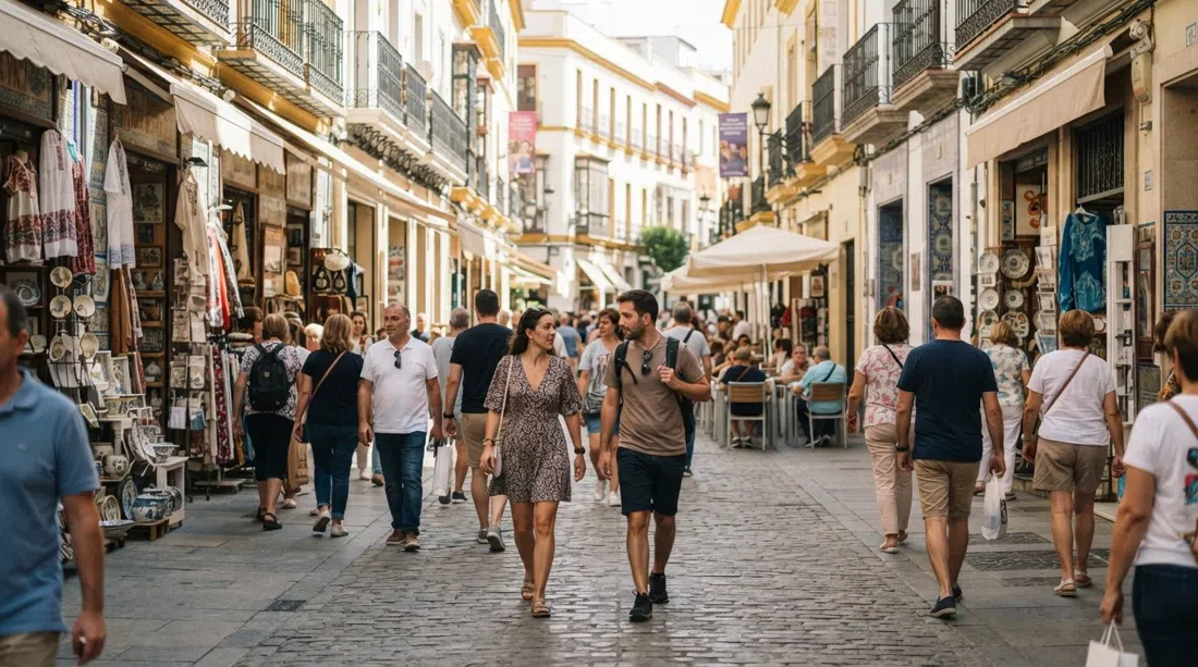 Calle Sierpes in central Seville at daytime, pedestrian shoppers moving past Spanish high-street storefronts under bright Andalusian light