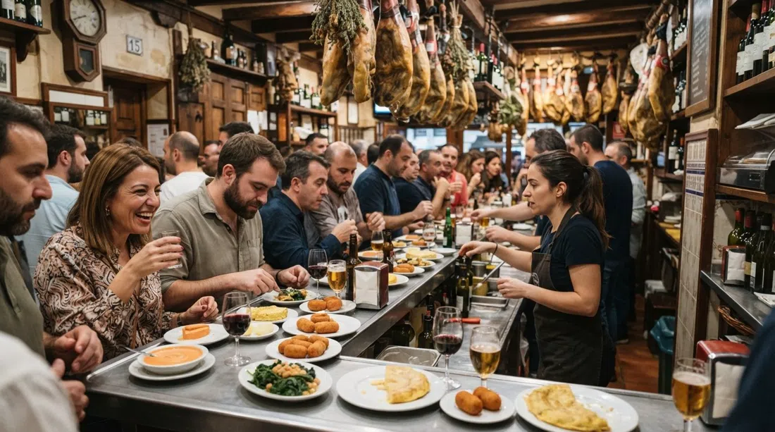 a crowded tapas counter at Bar Alfalfa on Calle Candilejo, hams overhead, small plates and glasses packed tightly at the bar