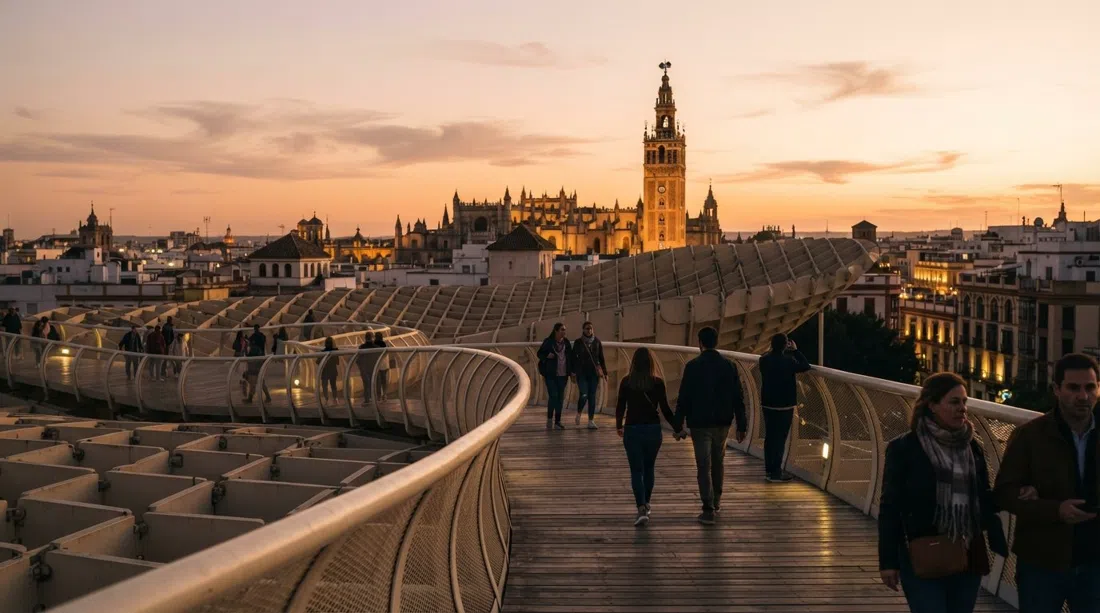 the Setas de Sevilla rooftop walkway at sunset, timber curves silhouetted against the Cathedral and Giralda skyline