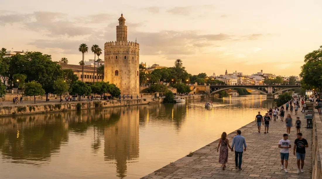 Torre del Oro on the Guadalquivir at golden hour, its twelve-sided stone tower reflected in the river with the promenade and Triana bridge beyond