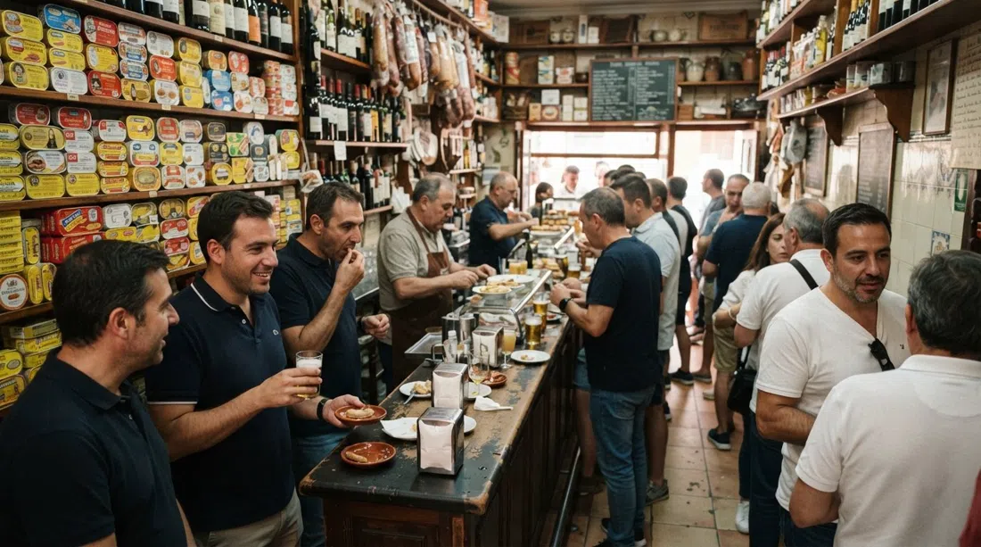 Casa Moreno’s hidden standing-room back bar behind the deli counter, with tinned seafood shelves and small tapas plates at €2.50 in a narrow, crowded interior