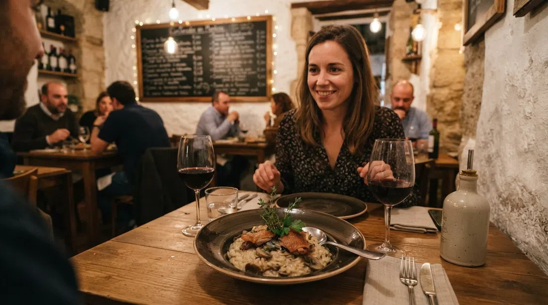 a table at ConTenedor on Calle San Luis with the chalkboard menu in view, a plated crunchy rice with duck and mushrooms, warm indoor light