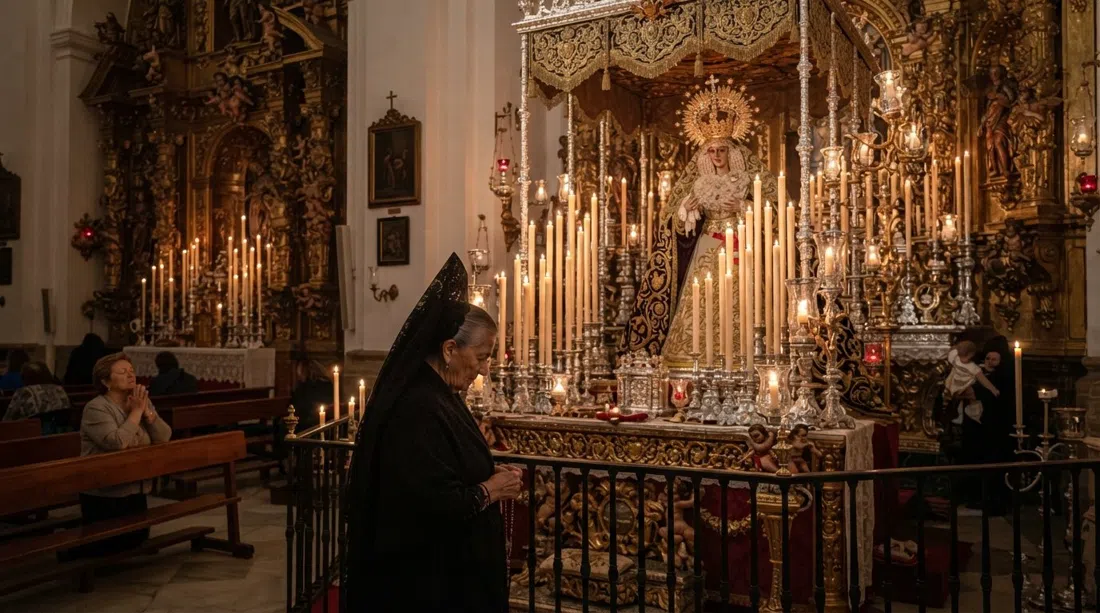 the interior of the Basílica de la Macarena with candlelight, gilded devotional details and the shrine atmosphere around the Virgen de la Esperanza Macarena