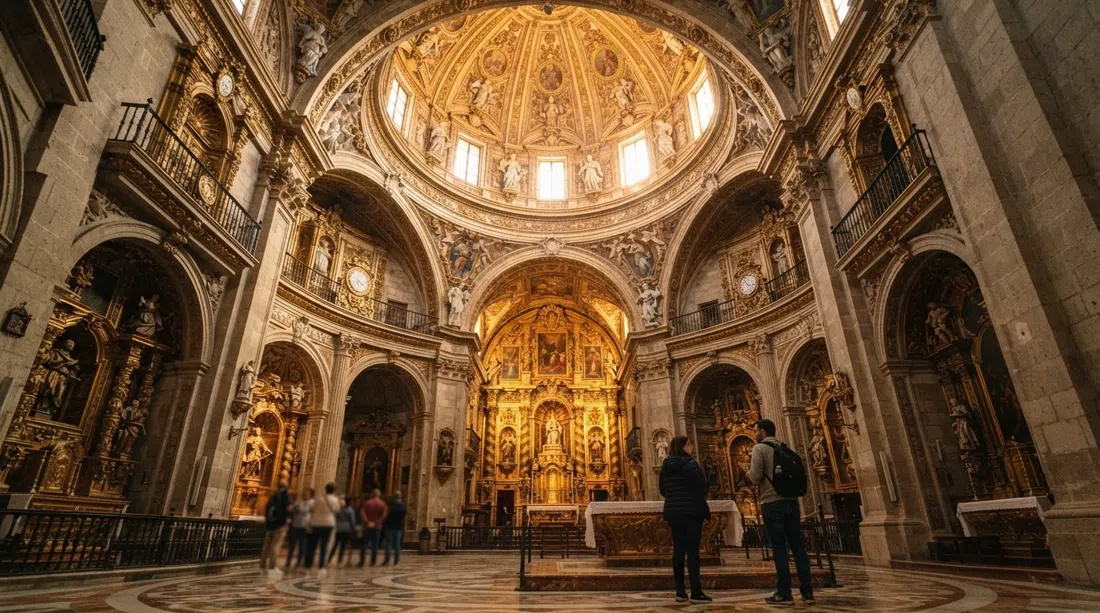 the circular Baroque interior of Iglesia de San Luis de los Franceses, soaring cupola, gilded altarpieces and warm light falling from above