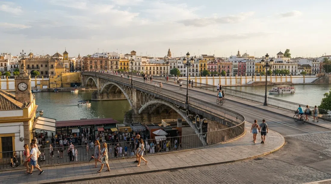the Puente de Isabel II leading into Triana from the old centre, with the Guadalquivir below and the market at the bridge foot in late afternoon light