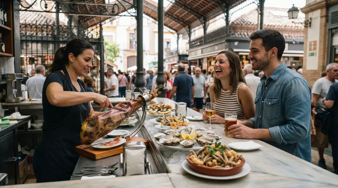a tapas counter at Mercado de Triana with oysters, Iberian ham and fried fish laid out under the covered market roof