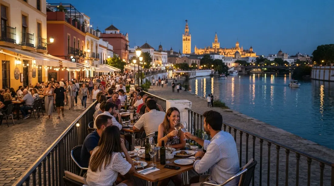 the riverside terraces on Calle Betis at dusk, with the Guadalquivir reflecting the lights of central Seville across the water