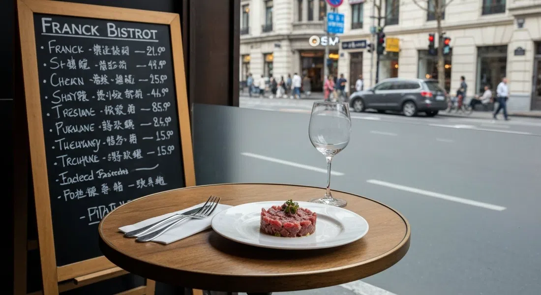 Franck Bistrot’s blackboard menu and a plate of beef tartare on a small bistro table, with Wukang Road light filtering through the window