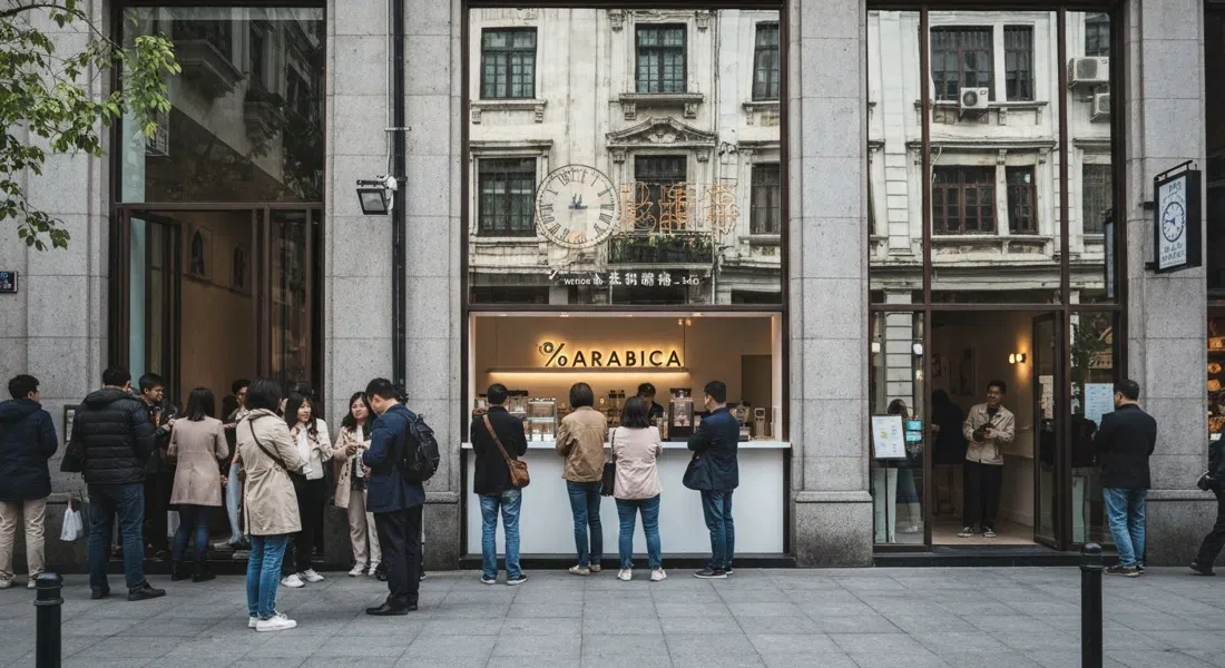 %Arabica on Wukang Road with a line of customers outside, minimalist white counter in front and historic facades reflected behind the queue