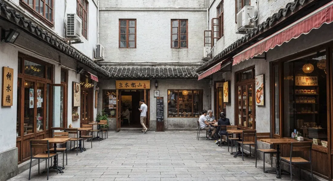 Ferguson Lane’s courtyard at 374–378 Wukang Road, with small shopfronts, cafe tables and filtered daylight between restored walls