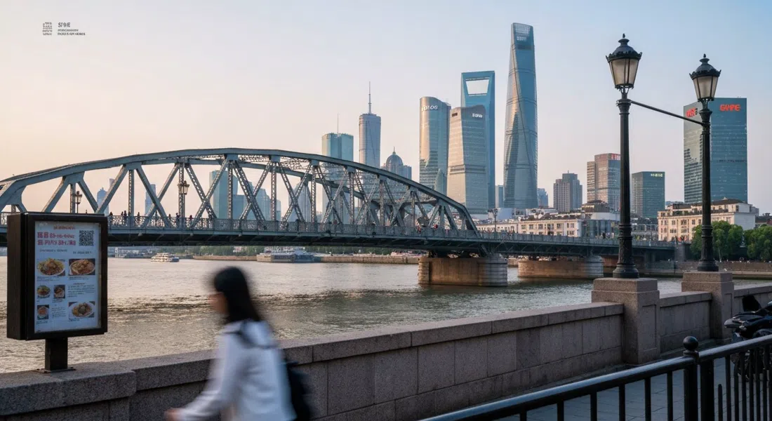 the Waibaidu Bridge spanning Suzhou Creek at the edge of Hongkou, with the old steel truss frame and the riverfront skyline behind it in late-afternoon light