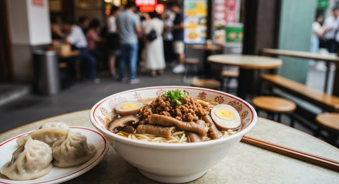 a steaming bowl of San Lin Tang noodles on a worn tabletop, topped with minced pork, braised intestine, kaofu, egg and mushrooms, with dumplings on the side in a busy lunch-hour noodle shop