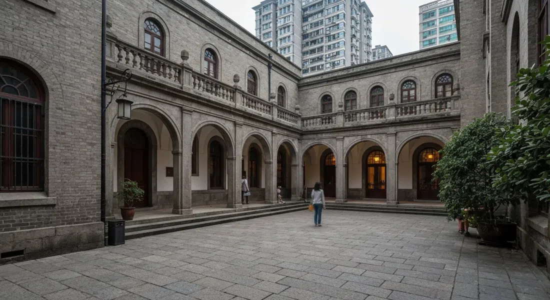 the restored Ohel Moshe Synagogue at the Shanghai Jewish Refugees Museum on Changyang Road, with a quiet courtyard and warm interior light suggesting wartime memory
