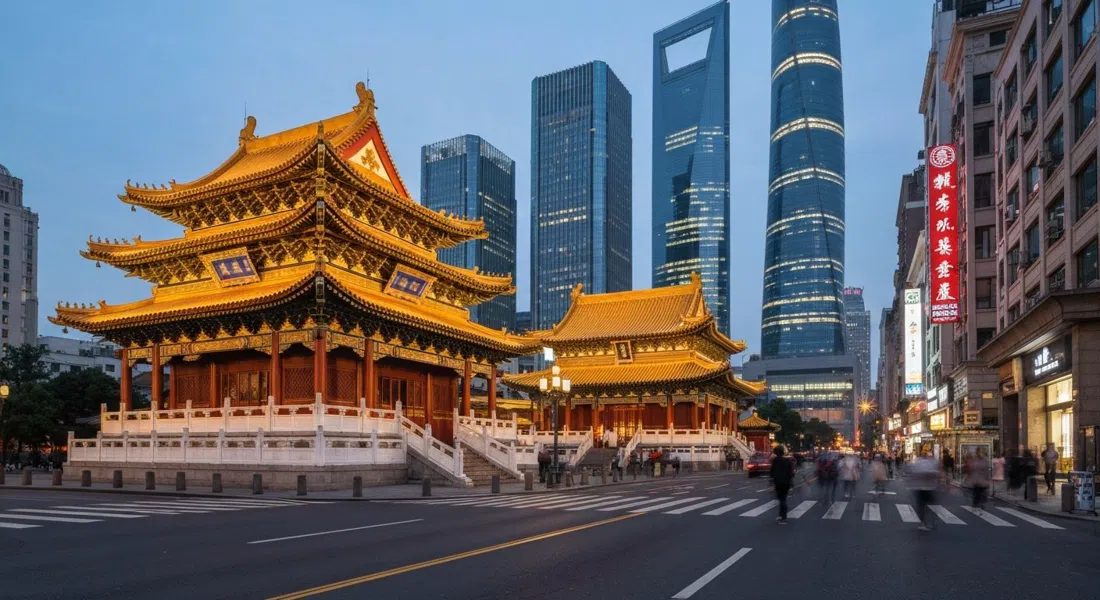 Jing'an Temple's gold-roofed halls at dusk on West Nanjing Road, floodlights warming the monastery while glass towers rise behind it
