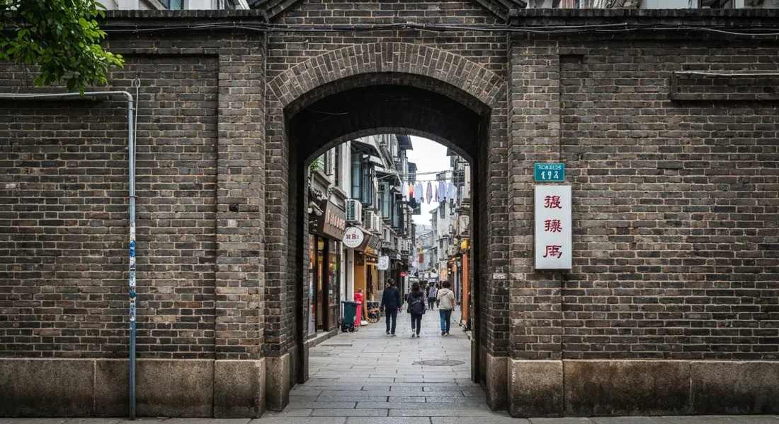 the brick entrance gap from Taikang Road into Tianzifang, with old shikumen walls, a narrow lane beyond, and the first hint of laundry and shop signs