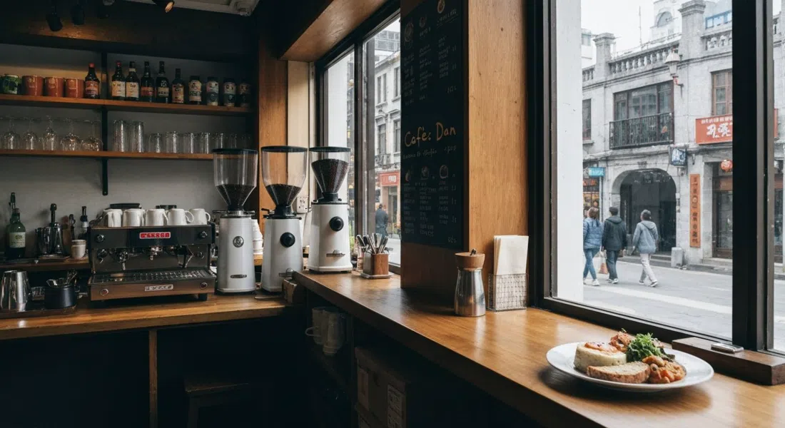 Café Dan in Lane 248, with a counter of house-roasted coffee equipment, cups on the bar, and a quiet lunch plate of Japanese-Western comfort food beside the window