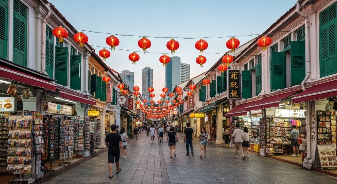 Pagoda Street in Chinatown at late afternoon, red lanterns strung between shophouses, souvenir stalls below and warm light catching the painted façades