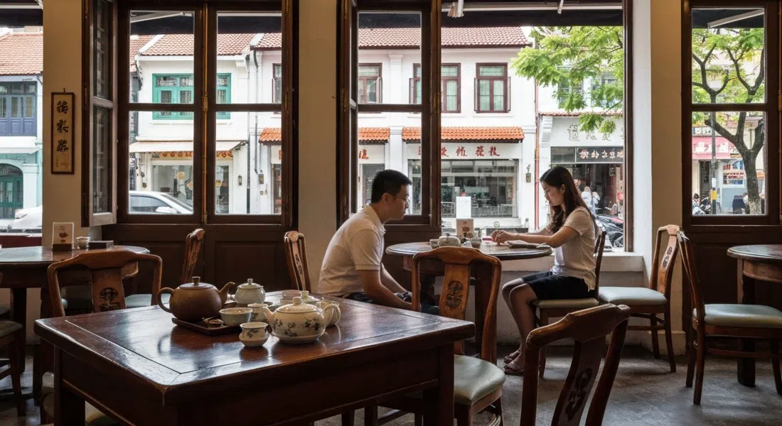 Tea Chapter on Neil Road, an elegant traditional Chinese teahouse interior with teaware on the table and soft afternoon light through the shophouse windows