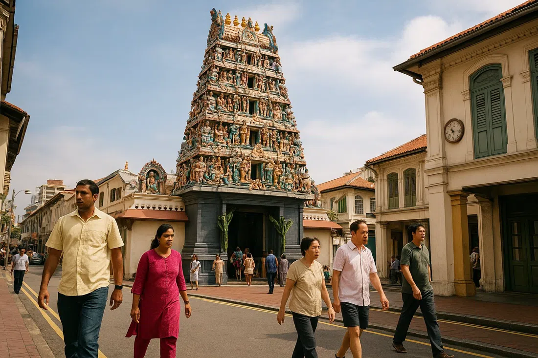 Sri Mariamman Temple on South Bridge Road, the painted gopuram rising above the street with temple visitors and shophouse façades nearby