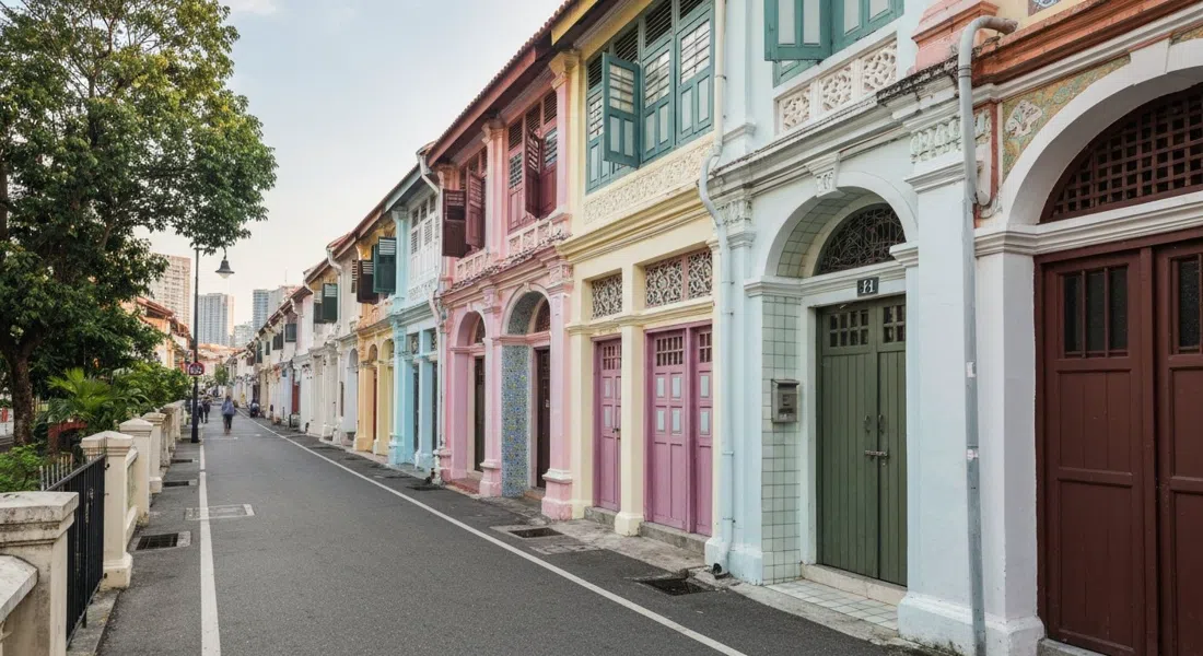 pastel 1920s–30s Peranakan terraces on Koon Seng Road in soft morning light, with tiled facades, pintu pagar doors and a quiet residential five-foot way