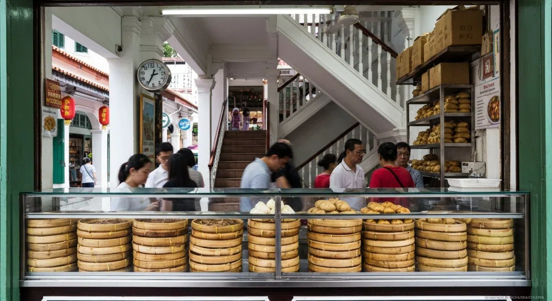 the counter at Kim Choo Kueh Chang on Joo Chiat Place with neatly stacked Nyonya rice dumplings and kueh, and the upstairs museum staircase hinted in the background