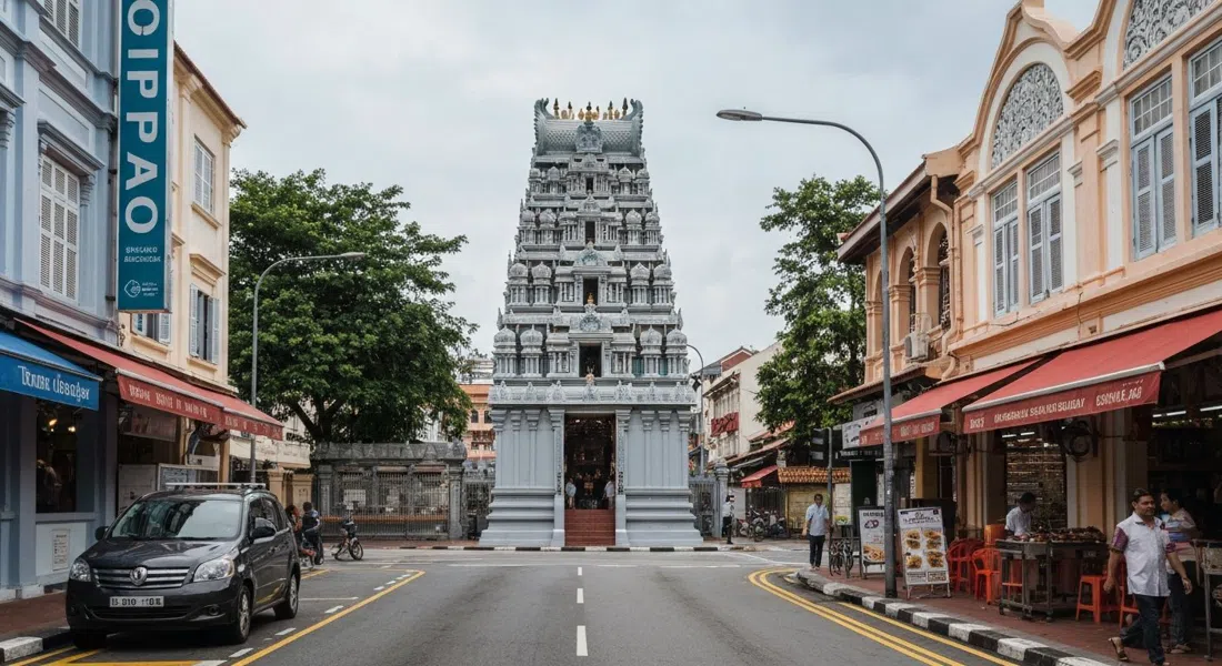 Sri Senpaga Vinayagar Temple on Ceylon Road, with its 21-metre Dravidian gopuram rising above the street and a glimpse of the temple frontage in daylight