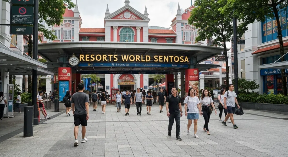 the entrance precinct of Resorts World Sentosa with visitors moving between Universal Studios Singapore and the Singapore Oceanarium in bright daytime light