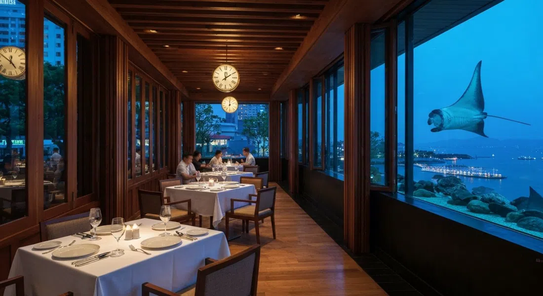 the dining room at Ocean Restaurant with a floor-to-ceiling manta-ray tank visible beside elegant tasting-menu tables at dusk