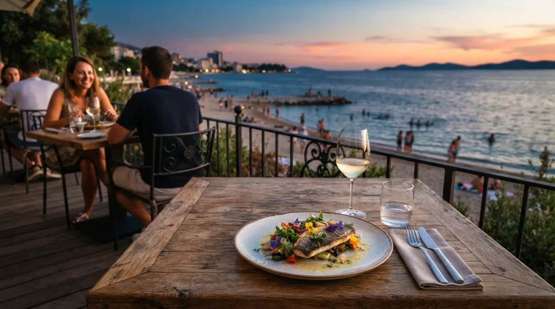 A terrace table at Zora Bila above Bacvice beach at sunset, the Adriatic filling the background behind a plated seasonal tasting-menu course