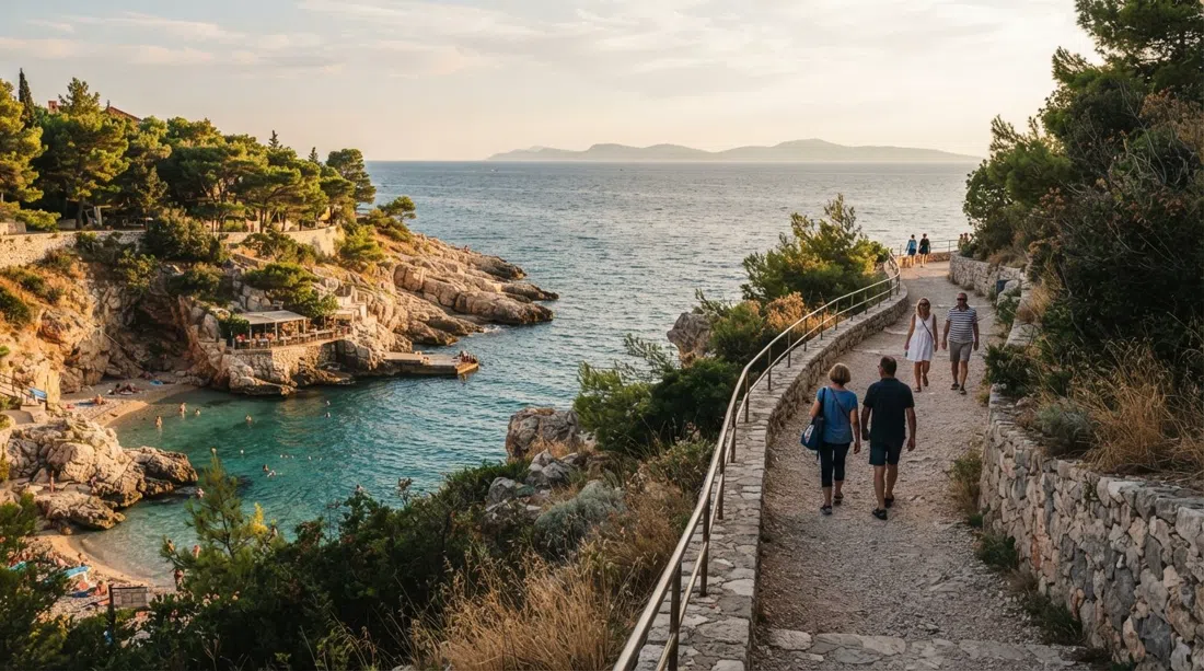 The coastal path east of Bacvice in late afternoon light, with Ovcice cove below and the Adriatic islands faint on the horizon